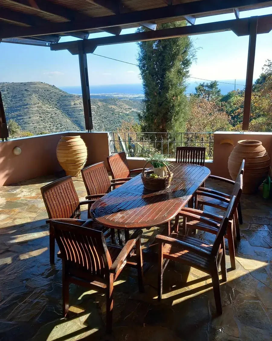 A shaded pergola overlooking the bay, in Kalamafka.